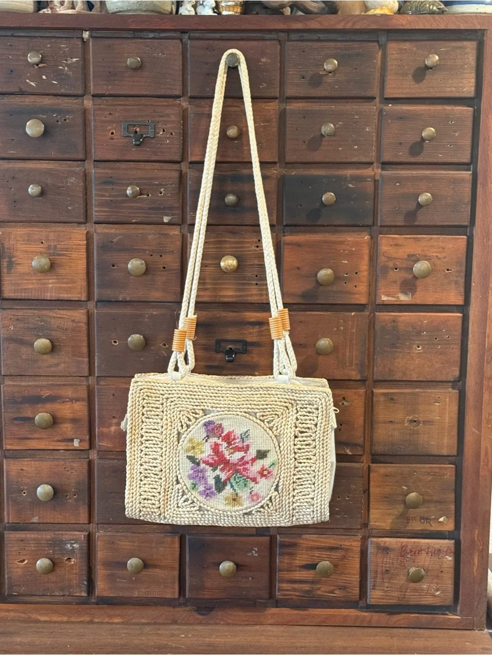 Vintage Artisan Needlepoint Purse Handbag Shoulder Bag Hemp Jute 1950s